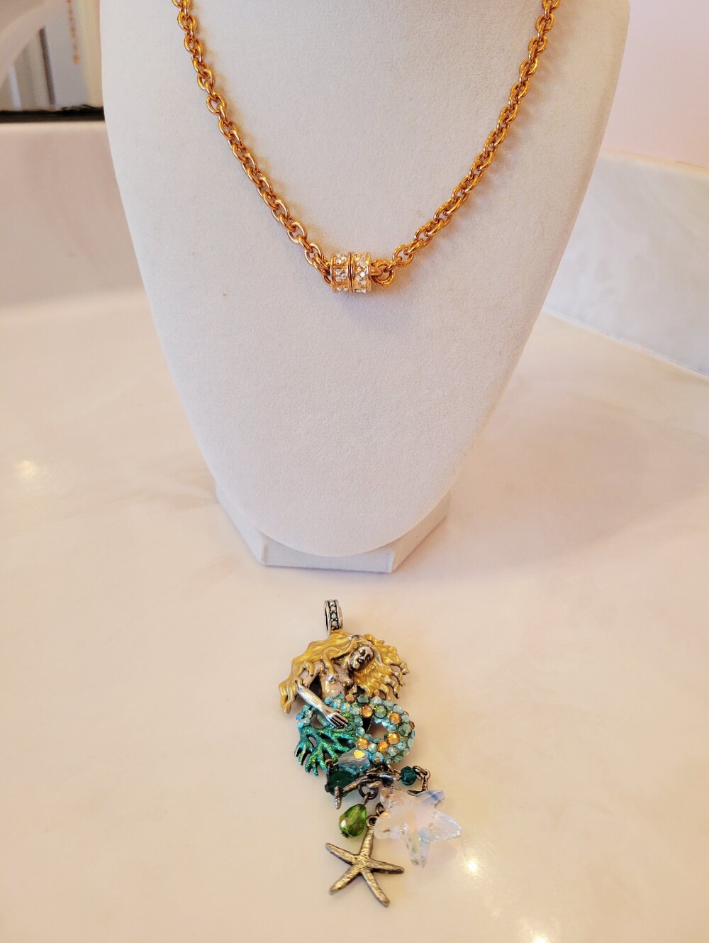 Kirks Folly Mermaid Pendant Necklace w Aqua and Green Accents & Gold-Tone Chain - Picture 9 of 12